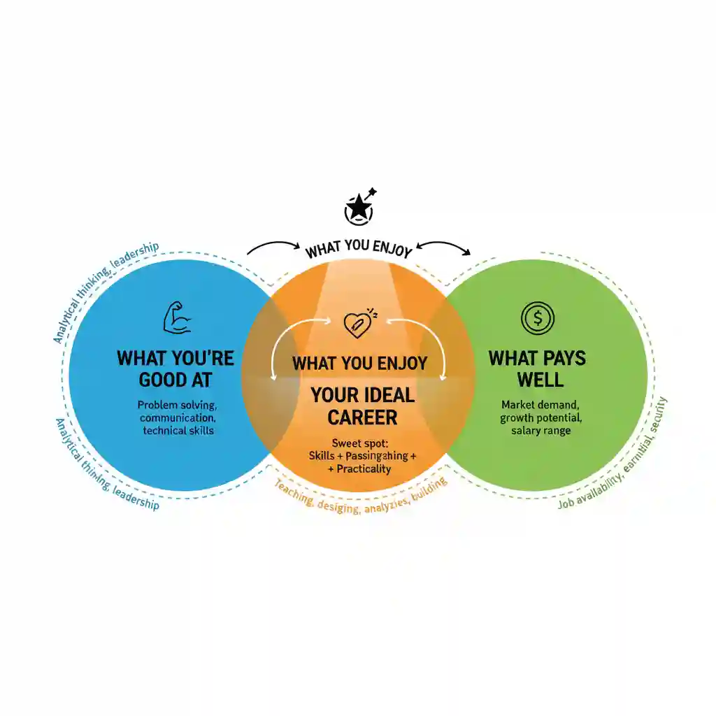 Venn diagram showing how to choose a career by finding overlap between skills, interests, and income potential