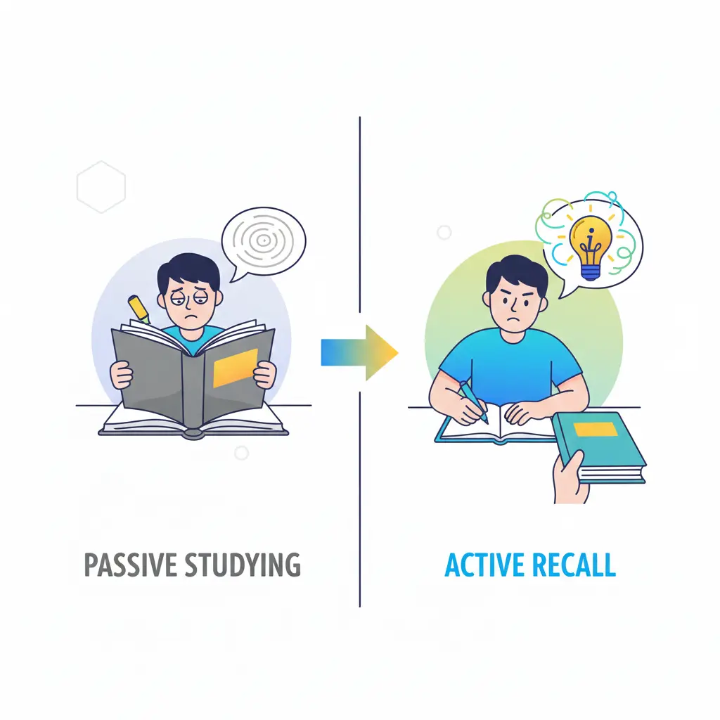 How to Study Effectively, Comparison infographic showing passive studying vs active recall study technique effectiveness