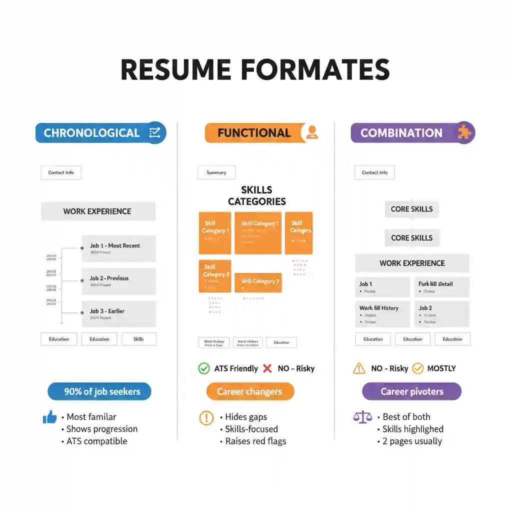 Side-by-side comparison of chronological vs functional vs combination resume formats with structure and pros/cons