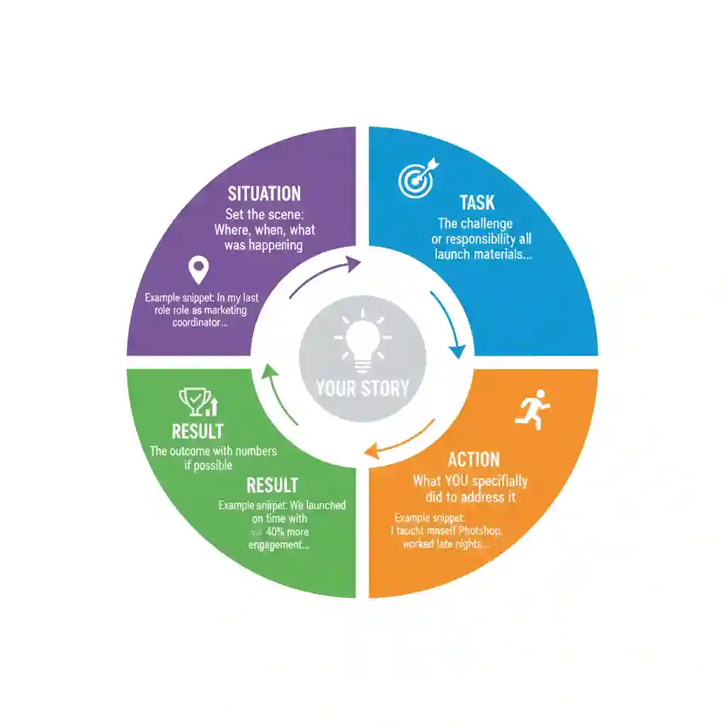 STAR method circular diagram showing Situation, Task, Action, Result framework for answering behavioral interview questions