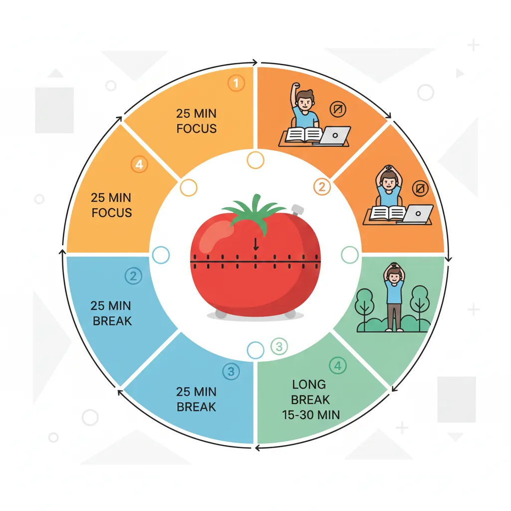 Circular diagram of Pomodoro Technique showing 25-minute focus sessions and break intervals