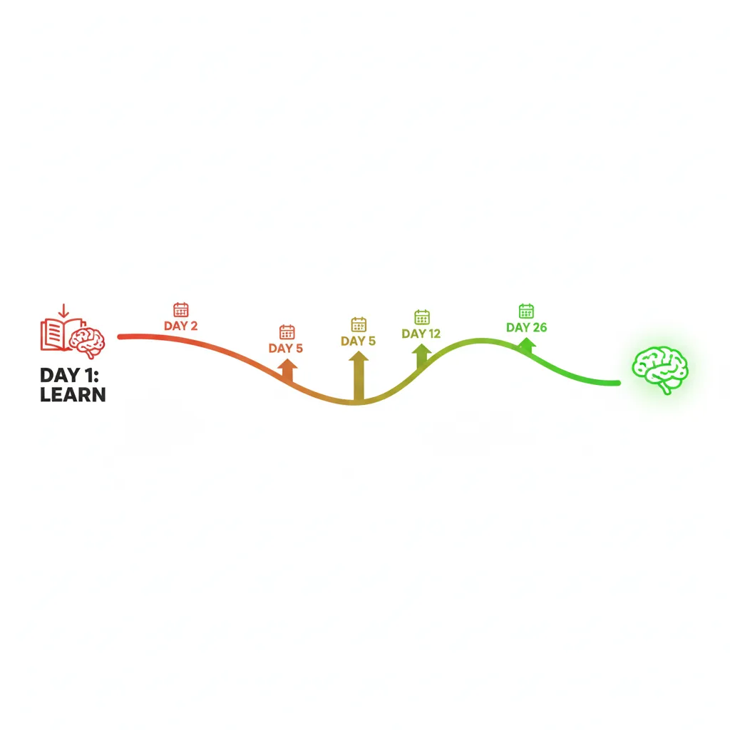 Timeline diagram showing spaced repetition schedule over days for optimal memory retention