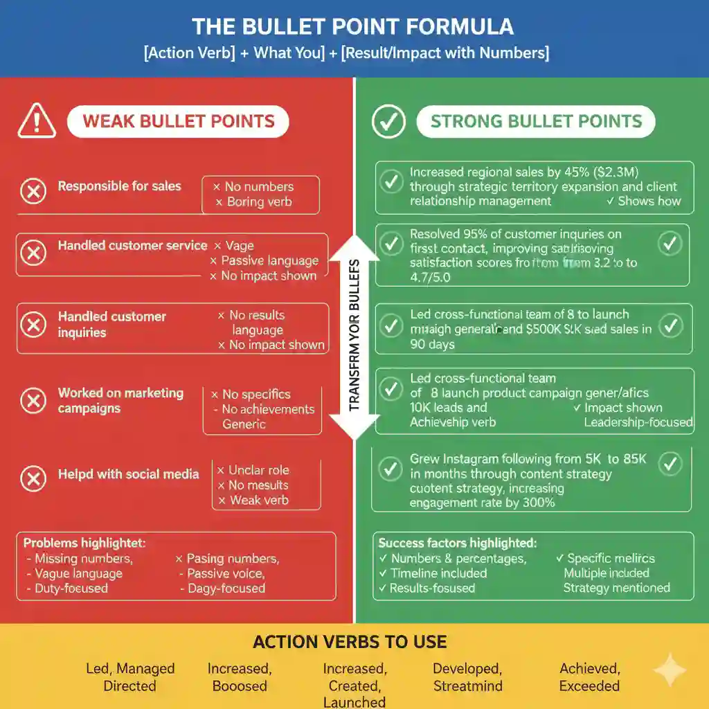 Side-by-side comparison showing weak versus strong work experience bullet points with numbers, results, and action verbs