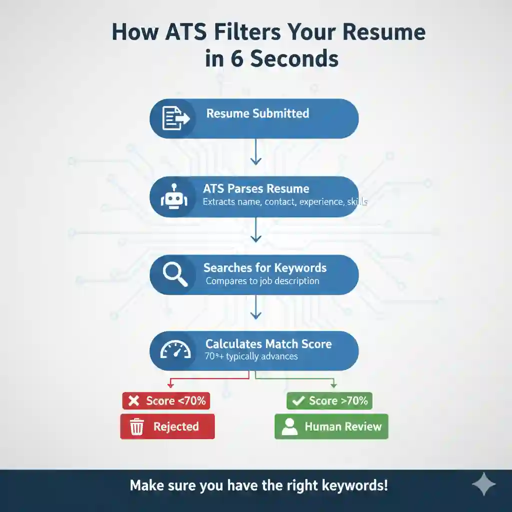 Flowchart showing ATS scanning process from resume submission to acceptance or rejection based on keyword match score