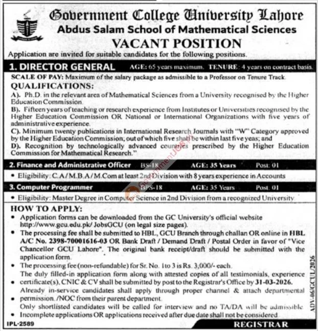 GCU Lahore Jobs 2026 – Mathematical Sciences (Latest Vacancies)